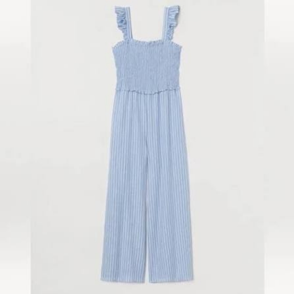 H&M Blue And White Striped Smocked Jumpsuit- XS